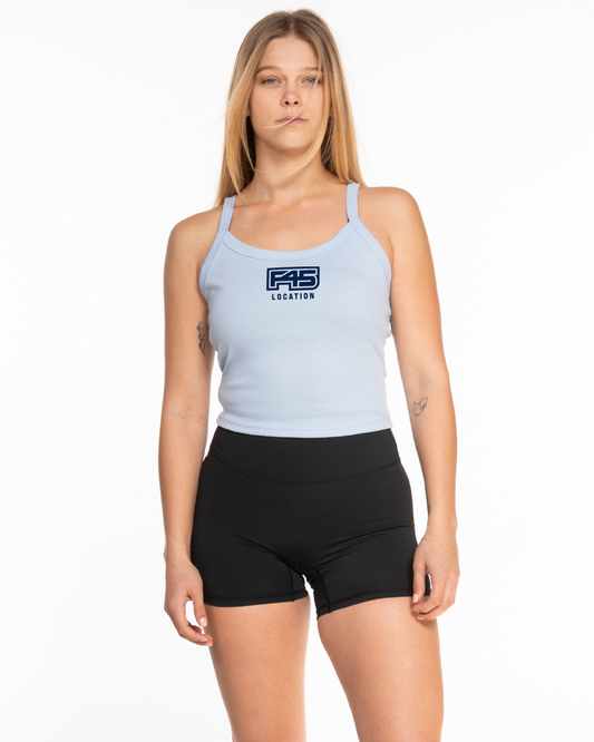 The Micro Rib Strappy Crop Tank - Baby Blue - Summer - Center Chest Stacked Location - Printed - Navy