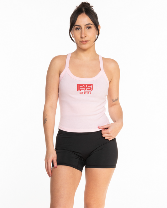 The Micro Rib Strappy Crop Tank - Pink - Summer - Center Chest Stacked Location - Printed - Red