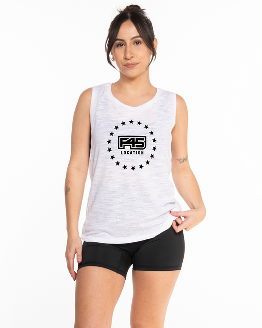 The Scoop Muscle Tank - White Heather - Summer - Center Chest Round - Printed - Black