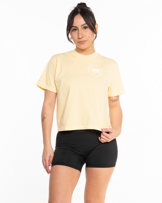 The Midweight Crop Tee - Lemon - Summer - Left Chest Round - Printed - White