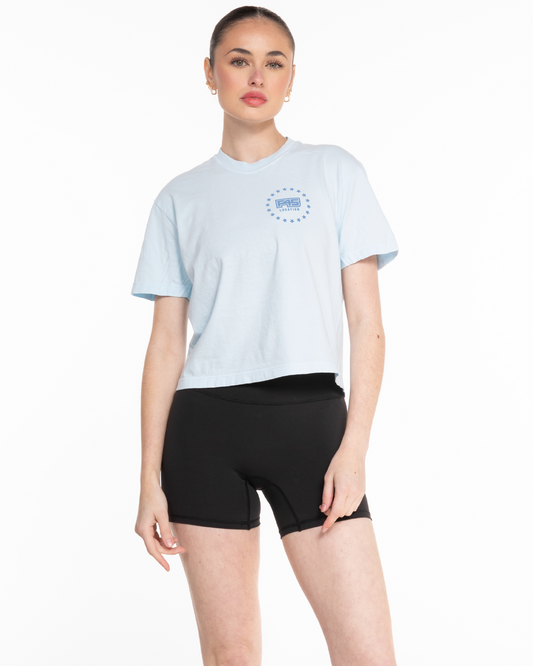 The Midweight Crop Tee - Light Blue - Summer - Left Chest Round - Printed - Blue