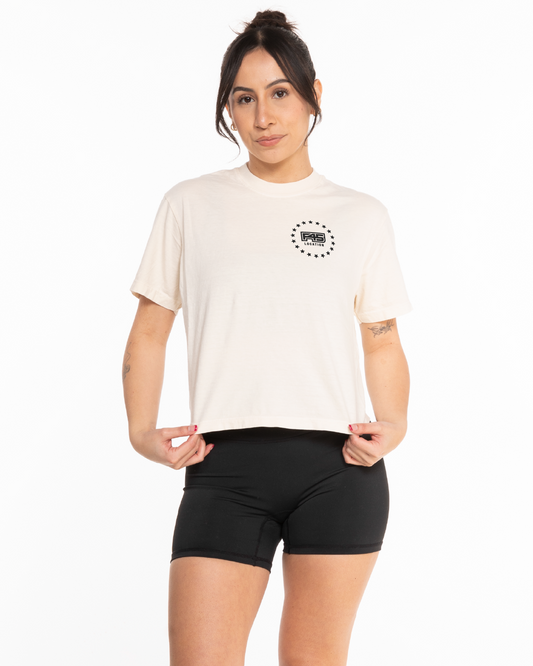 The Midweight Crop Tee - Ivory - Summer - Left Chest Round - Printed - Charcoal