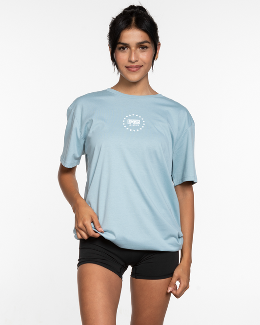 The Mens Tee - Pale Blue - Summer - Center Chest Round - Printed - White