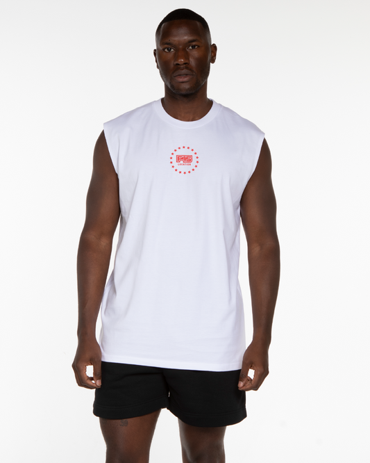 The Mens Tank - White - Summer - Center Chest Round - Printed - Red
