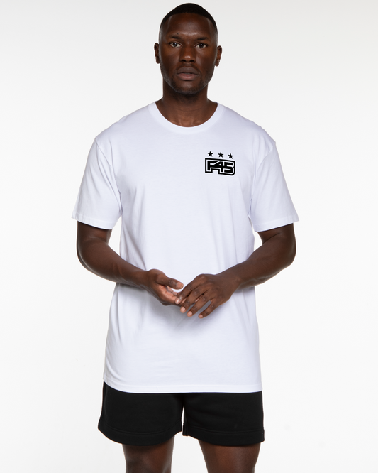 The Mens Tee - White - Core - Left Chest & Back Center Stacked - Black