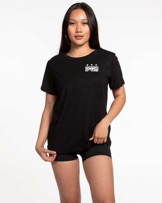 The Womens Tee - Black - Core - Left Chest & Back Center Stacked - White