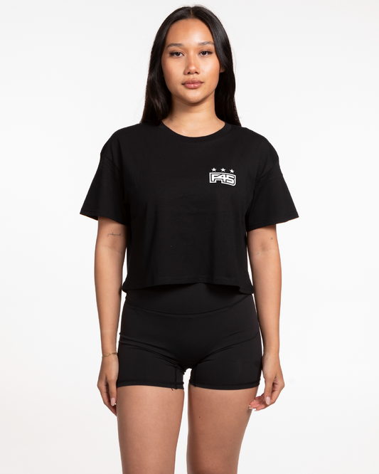 The Crop Tee - Black - Core - Left Chest & Back Center Stacked - White
