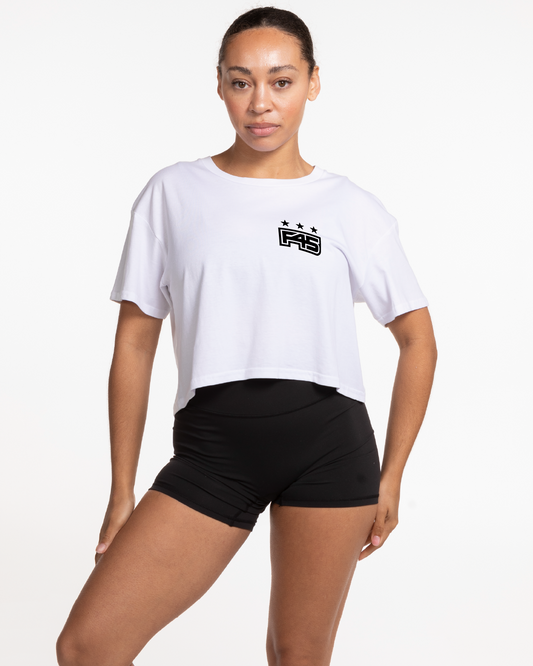 The Crop Tee - White - Core - Left Chest & Back Center Stacked - Black