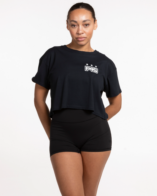 The Crop Tee - Navy - Core - Left Chest & Back Center Stacked - White