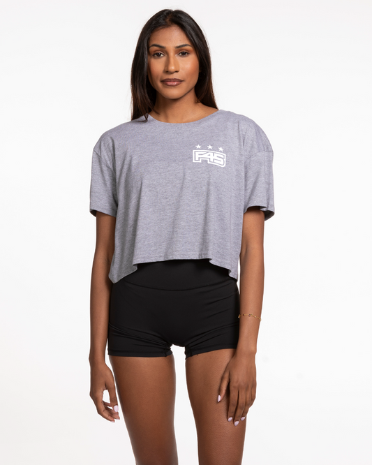 The Crop Tee - Heather - Core - Left Chest & Back Center Stacked - White
