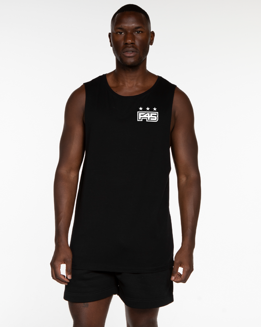 The Muscle Tank - Black - Core - Left Chest & Back Center Stacked - White