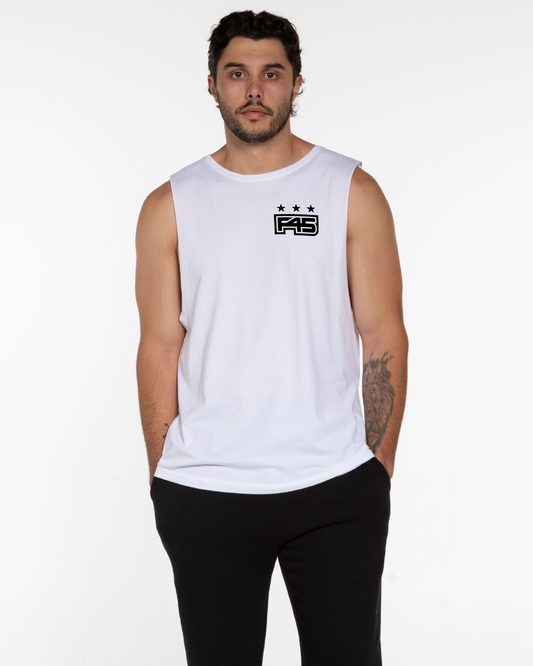 The Muscle Tank - White - Core - Left Chest & Back Center Stacked - Black