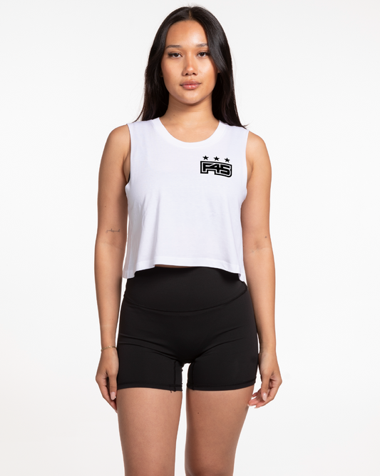 The Crop Muscle Tank - White - Core - Left Chest & Back Center Stacked - Black