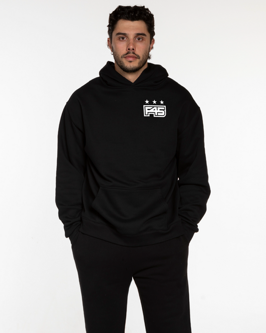 The Mens Hoodie - Black - Core - Left Chest & Back Center Stacked - White