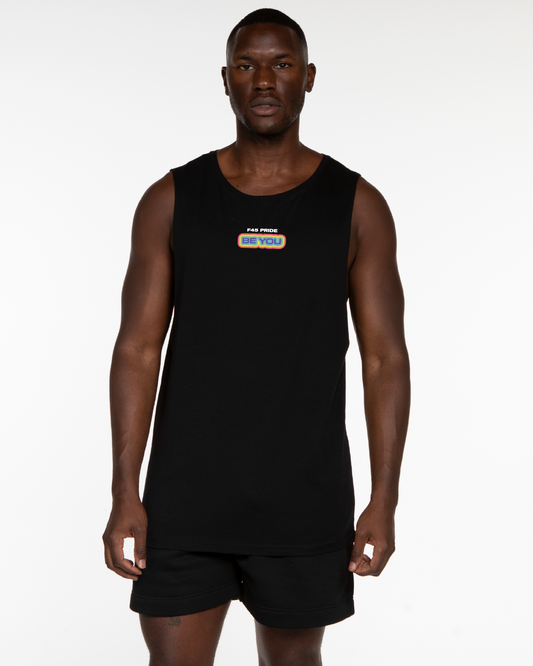 The Muscle Tank - Black - Pride - Center Chest Stacked - Back Center Vertical - Location - Full Color