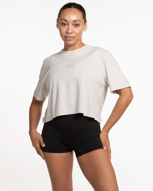 The Heavyweight Crop Tee - Washed Bone - Seasonal - Center Chest & Back Stacked - Tone on Tone