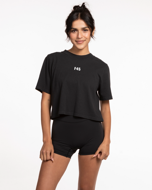The Heavyweight Crop Tee - Washed Black - Seasonal - Center Chest & Back Stacked - White