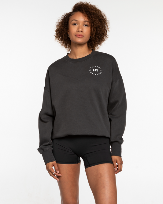 The Mens Crewneck - Washed Black - Seasonal - Left Chest - White