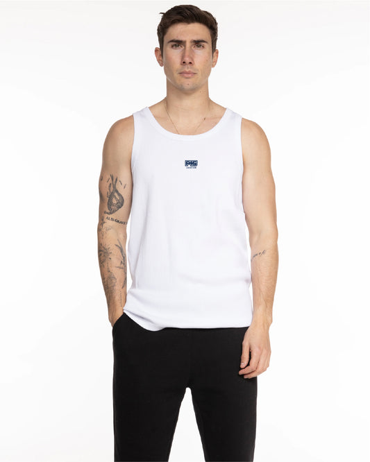The Mens Ribbed Tank - White - Summer - Center Chest Stacked - Embroidered - Navy